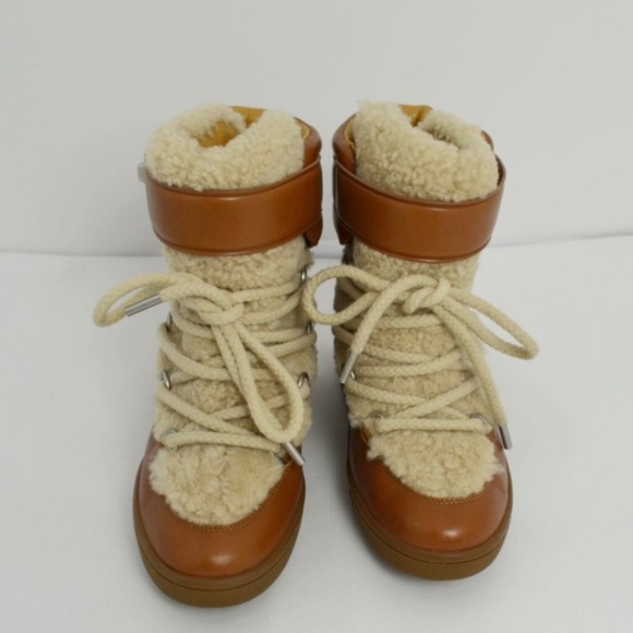 Authentic Coach Brown Leather Shearling Lace-Up Wedge Booties Boots 9 - Picture 5 of 12